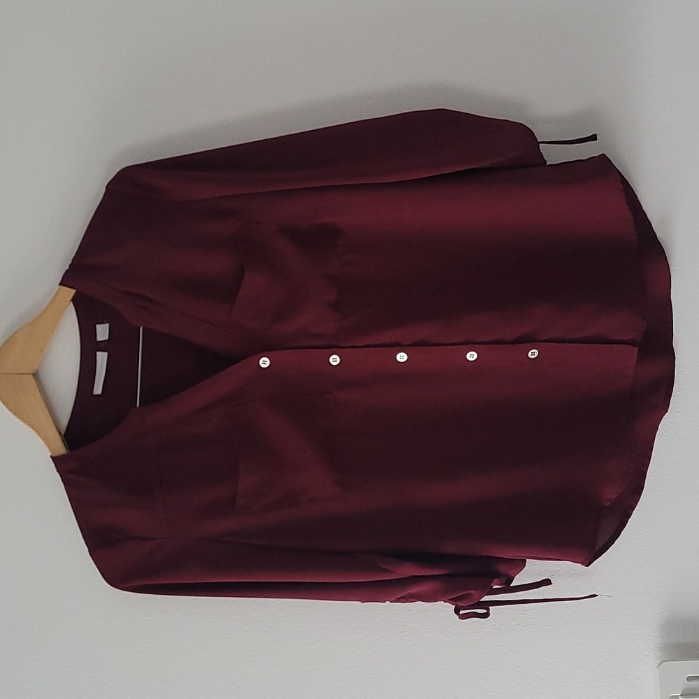 New York & Company Button Down Split Neck Blouse with Tie Sleeves